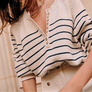 Sezane Beige Button-Up Knit Sweater